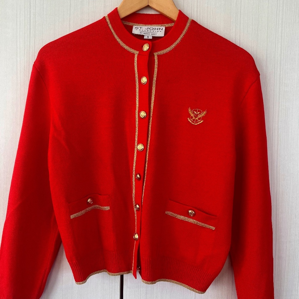 ST. John Classic cardigan, red orange with gold trim and buttons size small